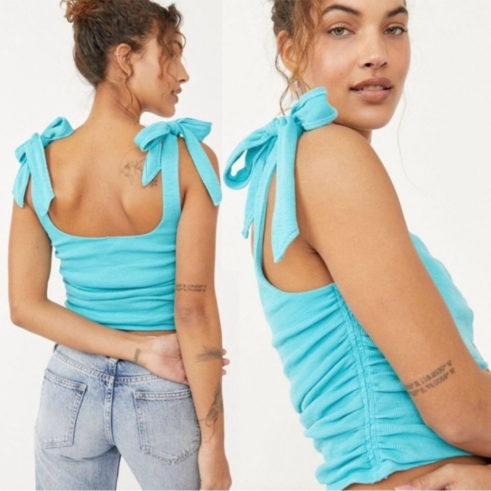 Free People Tie Strap Tank Top Ruched Sleeveless Turquoise‎ Blue XS
